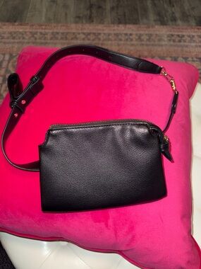 a new day Black Leather Crossbody Pouch with Adjustable Strap